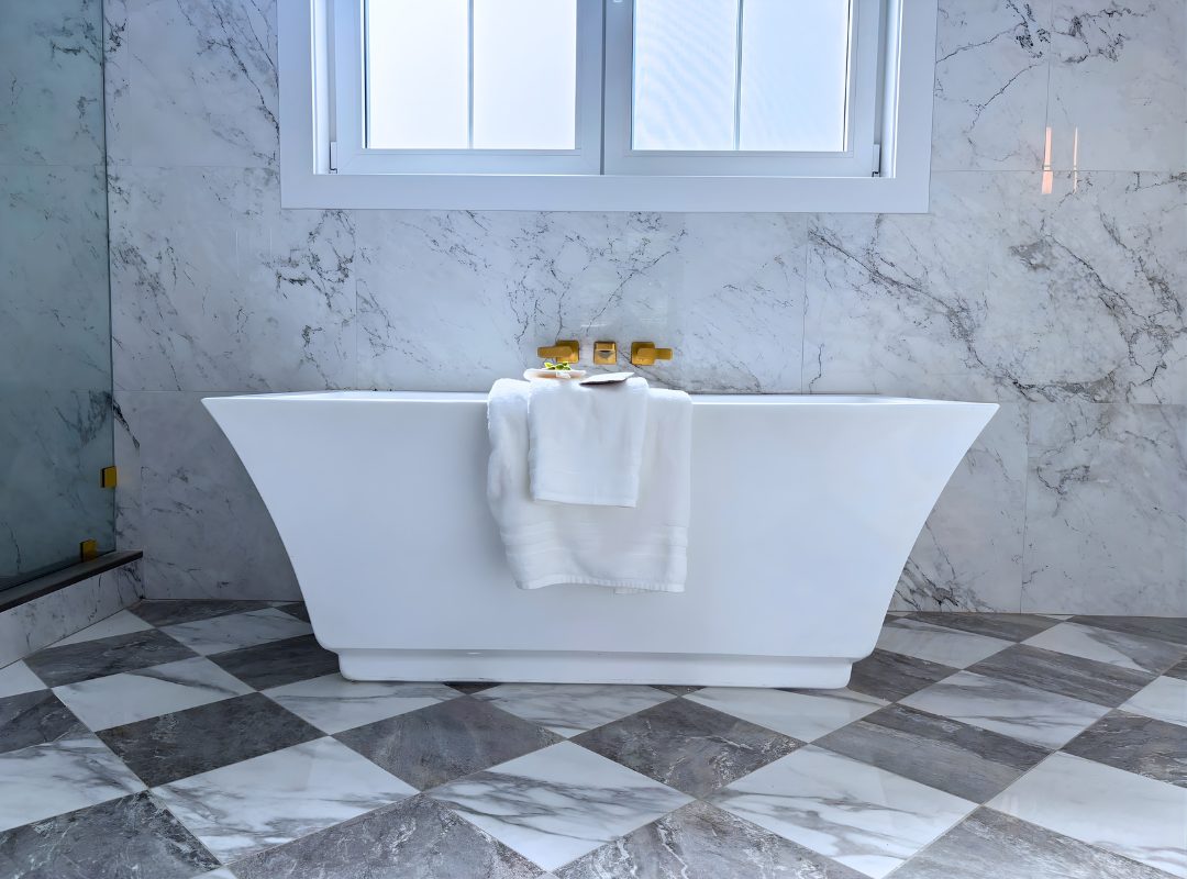 Primary bath — freestanding tub and marble